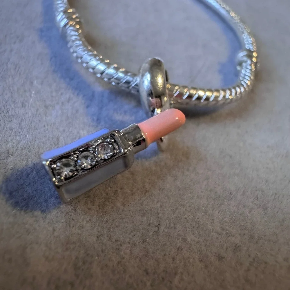 Lipstick Charm Bead Dangle Pink Blue Enamel Crystal Silver Tone Bracelet
